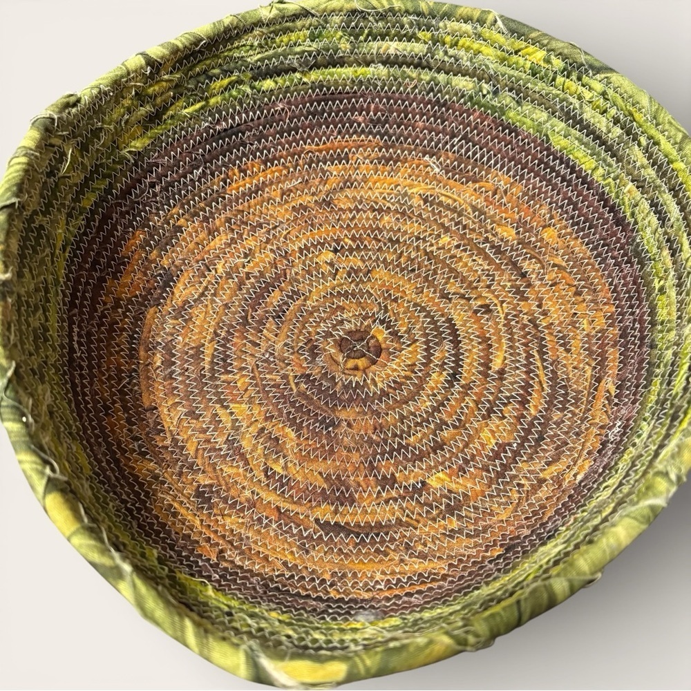 Fabric Wrapped Rope Basket Green And Brown 10” Handmade Earthy Boho Storage Tray - Picture 3 of 9
